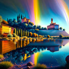 Colorful Landscape with Aurora Skies Reflecting on Lake and Italian Villas