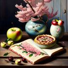 Realistic Still Life Painting with Cherry Blossoms, Apples, Book, and Tart