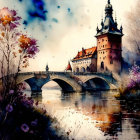 Scenic watercolor: castle with spire, arched bridge, reflective river, flora, colorful