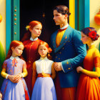 Vibrant family portrait with six members in warm colors and ornamental backdrop