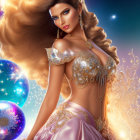 Illustrated woman with voluminous hair in golden outfit with jewels against luminescent orbs