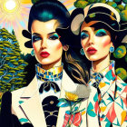 Stylized women in bold makeup and colorful outfits against vibrant nature backdrop