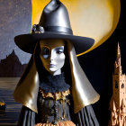 Mannequin in witch costume under moonlit night with pointy hat and fantasy buildings