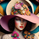 Detailed Artistic Illustration of Woman with Floral Hat & Makeup