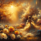 Woman with umbrella in mystical autumn scene among golden foliage and distant castle