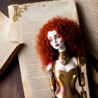 Intricately designed doll with red hair and golden armor on vintage pages