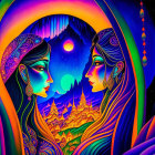 Psychedelic artwork: Stylized female profiles with cosmic and architectural elements