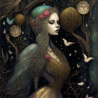 Fantasy art of mystical woman with nature-inspired headdress surrounded by branches, cobwebs, and white