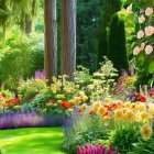 Vibrant flower garden scene with water reflections in vivid watercolor