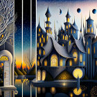 Stylized glowing buildings in whimsical nighttime landscape