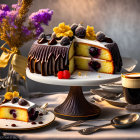 Decadent Blueberry Cake with Chocolate Glaze and Elegant Table Setting