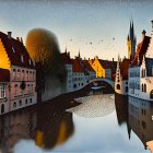 Tranquil European town at twilight with starlit sky and river reflection