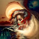 Artistic portrait of a woman with flowing hair and warm-colored swirl motifs and abstract shapes.