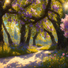 Scenic forest path with sunbeams, twisted trees, purple and yellow blossoms, golden mist