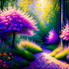 Colorful Fantasy Forest with Glowing Flowers & Mystical Pathway