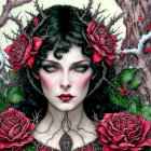 Woman with Red Eyes and Black Hair Adorned with Roses in Gothic Illustration