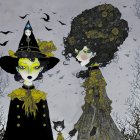 Stylized witches with green skin in intricate costumes on gloomy background