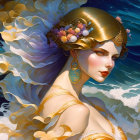 Stylized portrait of woman with golden headpiece and white hair blending into sea waves