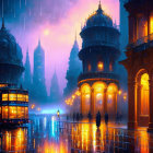 Rainy Night Cityscape with Futuristic Towers and Silhouetted Figures