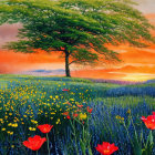 Colorful Landscape Painting with Tree, Flowers, Lake, and Church at Sunset