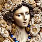 Stylized portrait of a woman with porcelain skin, gold jewelry, pearls, and white roses.