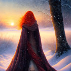 Red-Haired Anime Girl in Scarlet Cloak in Snowy Forest at Sunset