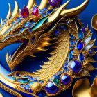 Golden dragon with gem-adorned intricate designs on blue background