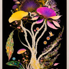 Colorful surreal tree artwork with fish leaves and butterflies