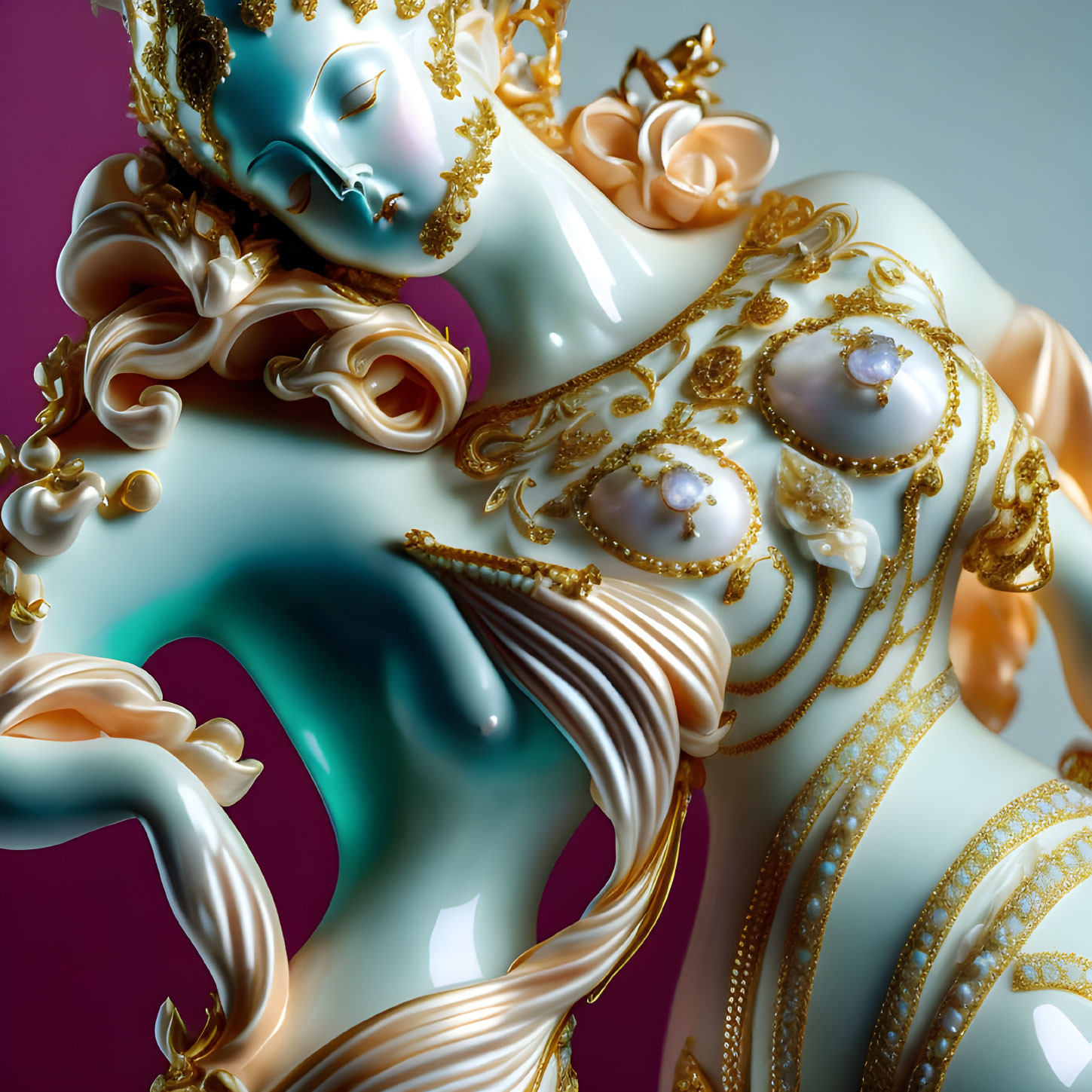 Ornate figurine with turquoise and gold detailing in digital artwork