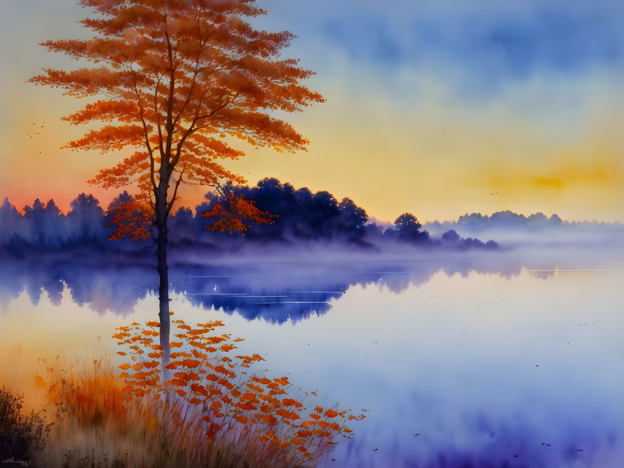 Tranquil lakeside dawn with orange trees, misty water, and gradient sky.