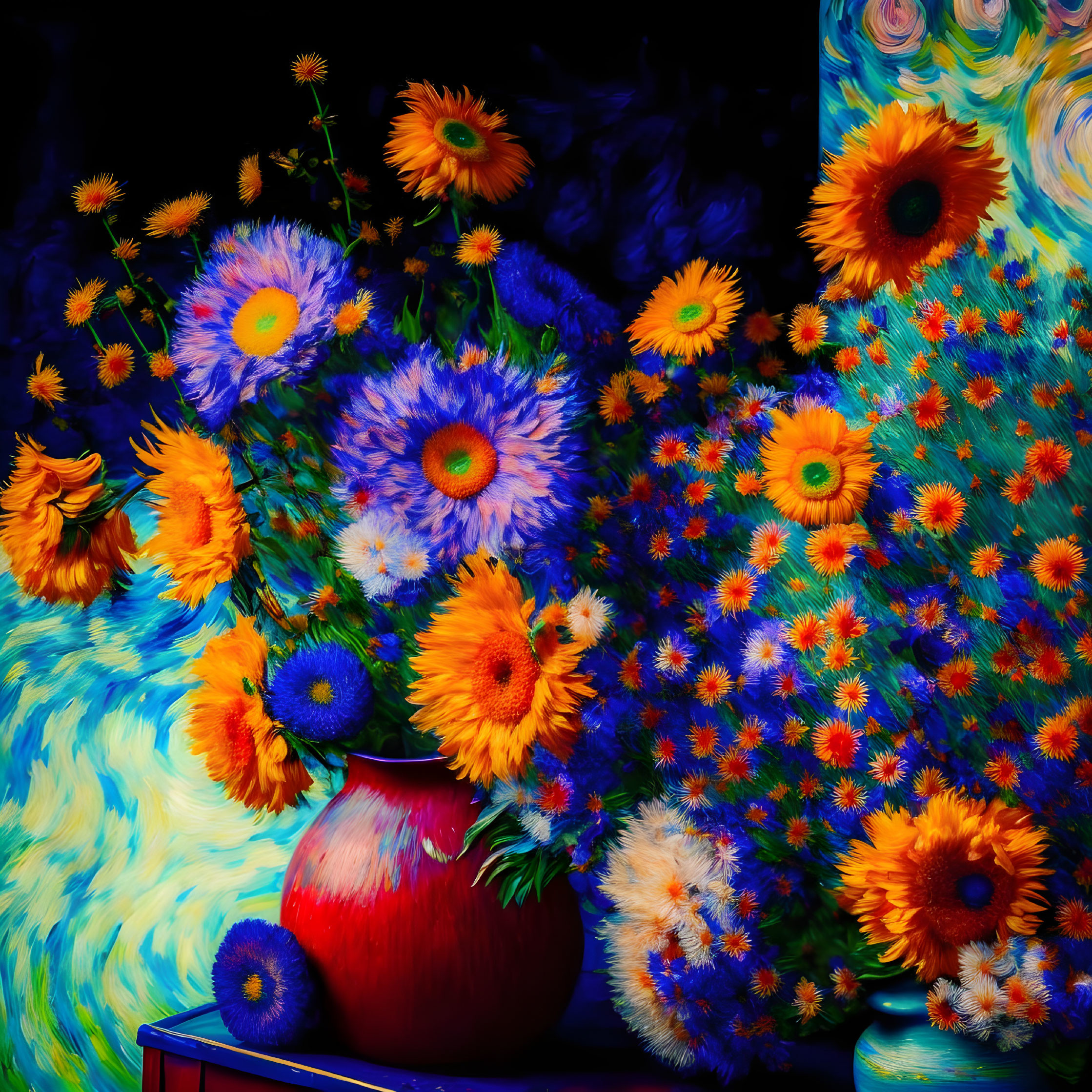 Colorful swirling patterns with sunflowers in red vase on dark background.