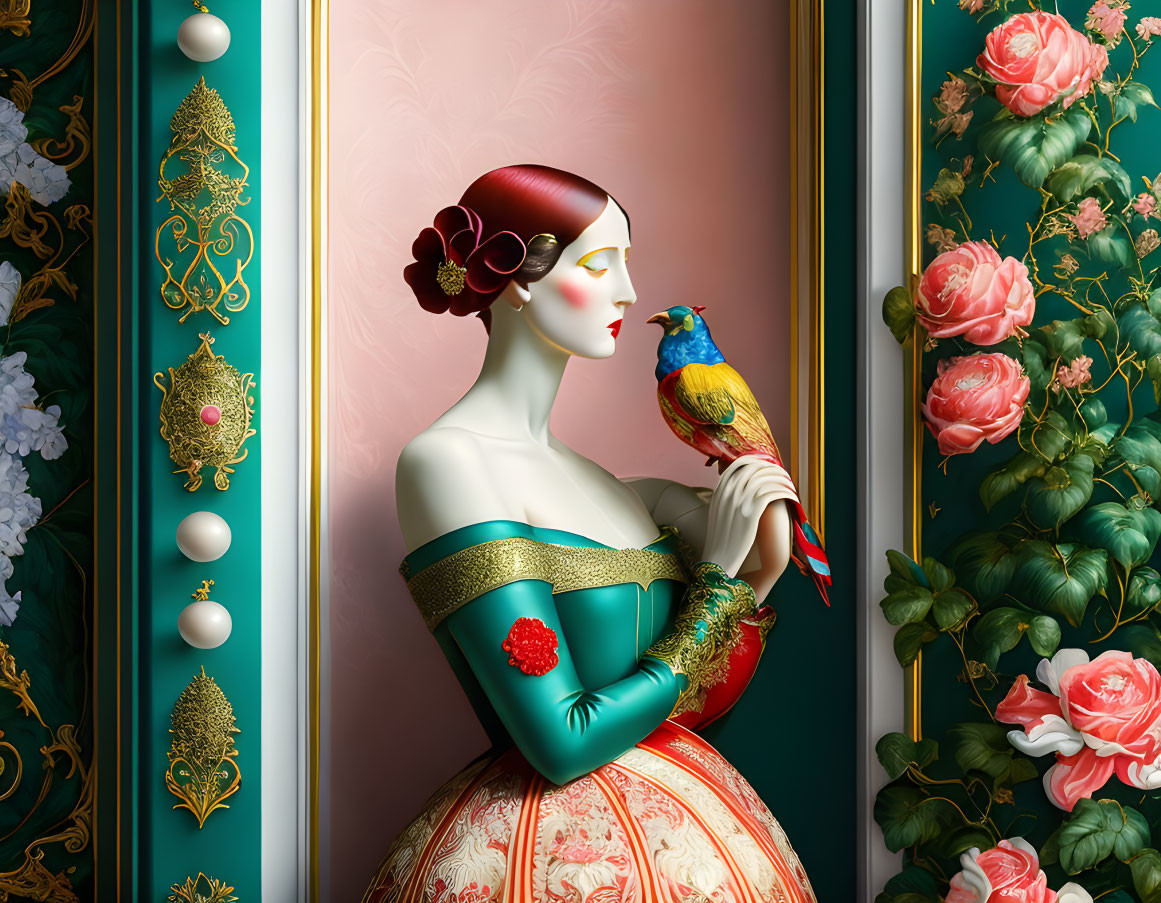 Illustrated woman in vintage dress with colorful bird and floral backdrop