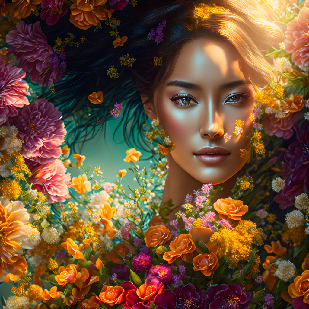 Vibrant digital artwork: Woman's face with illustrated flowers