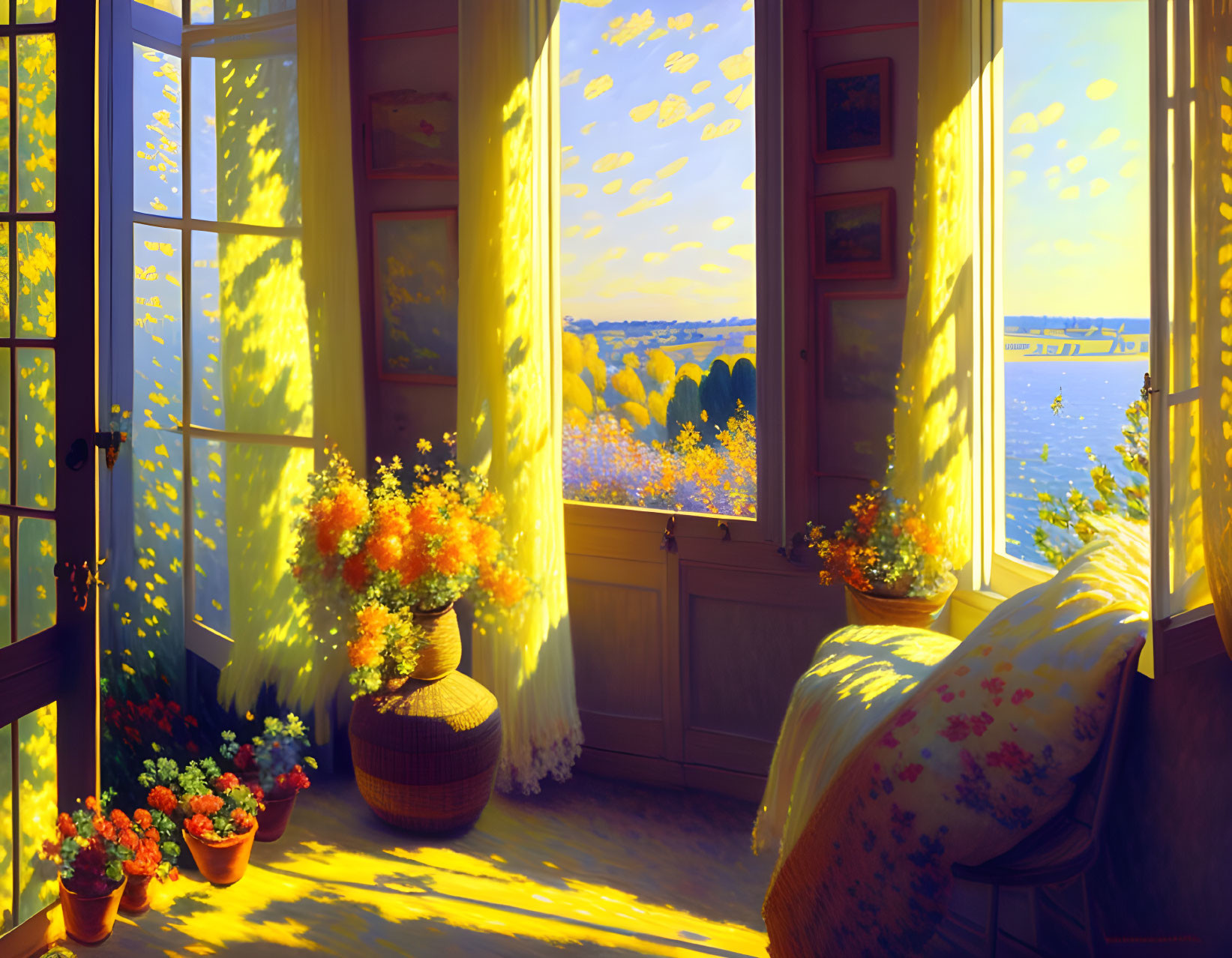 Sunny room with open windows, sea view, and flowering plants