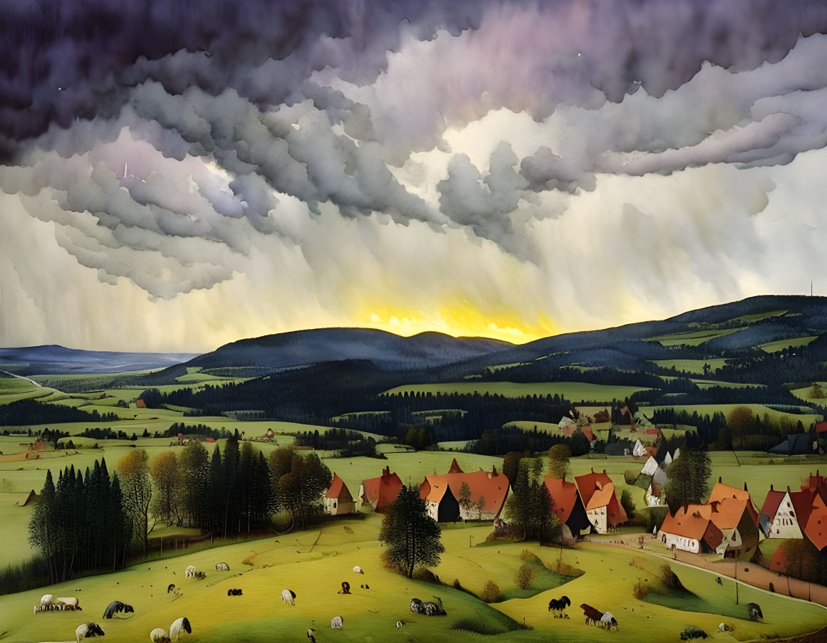 Scenic village landscape with rolling hills, livestock, and dramatic sunset sky