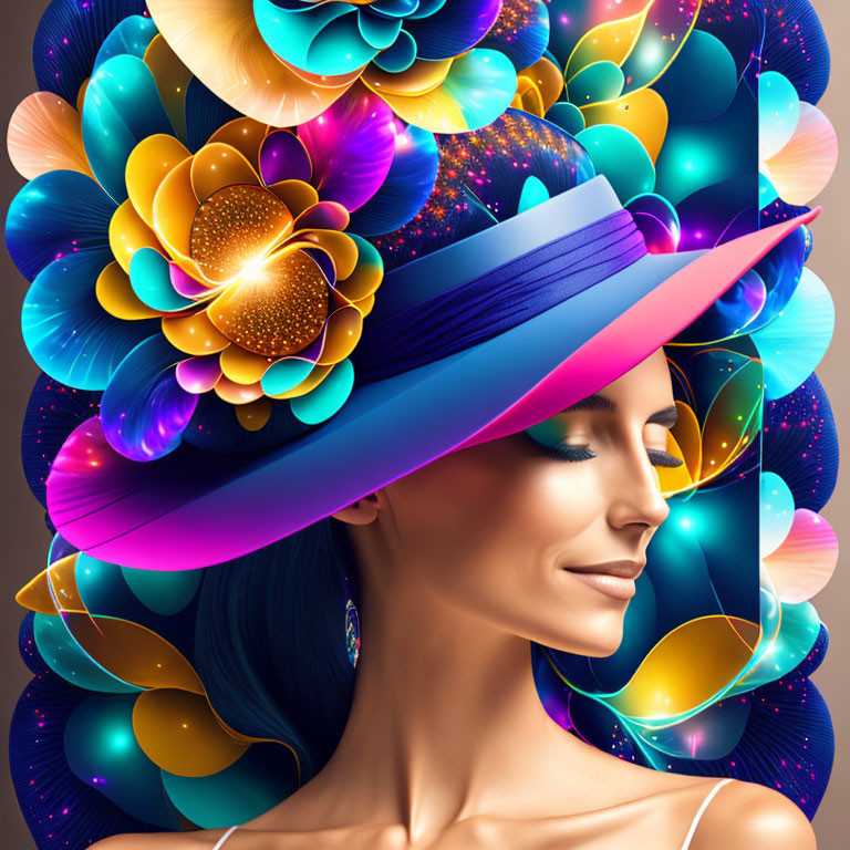 Colorful digital artwork: Woman in hat with glowing flowers