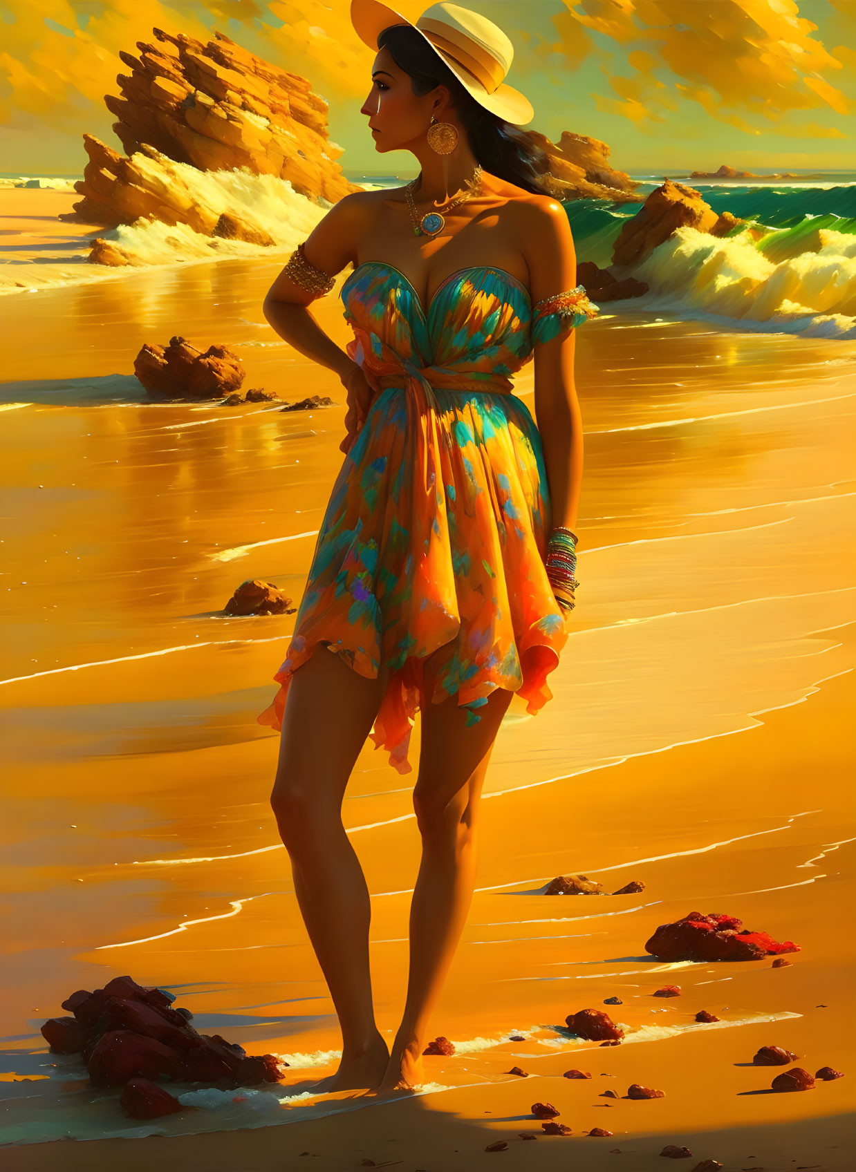 Woman in vibrant summer dress on sandy beach at sunset