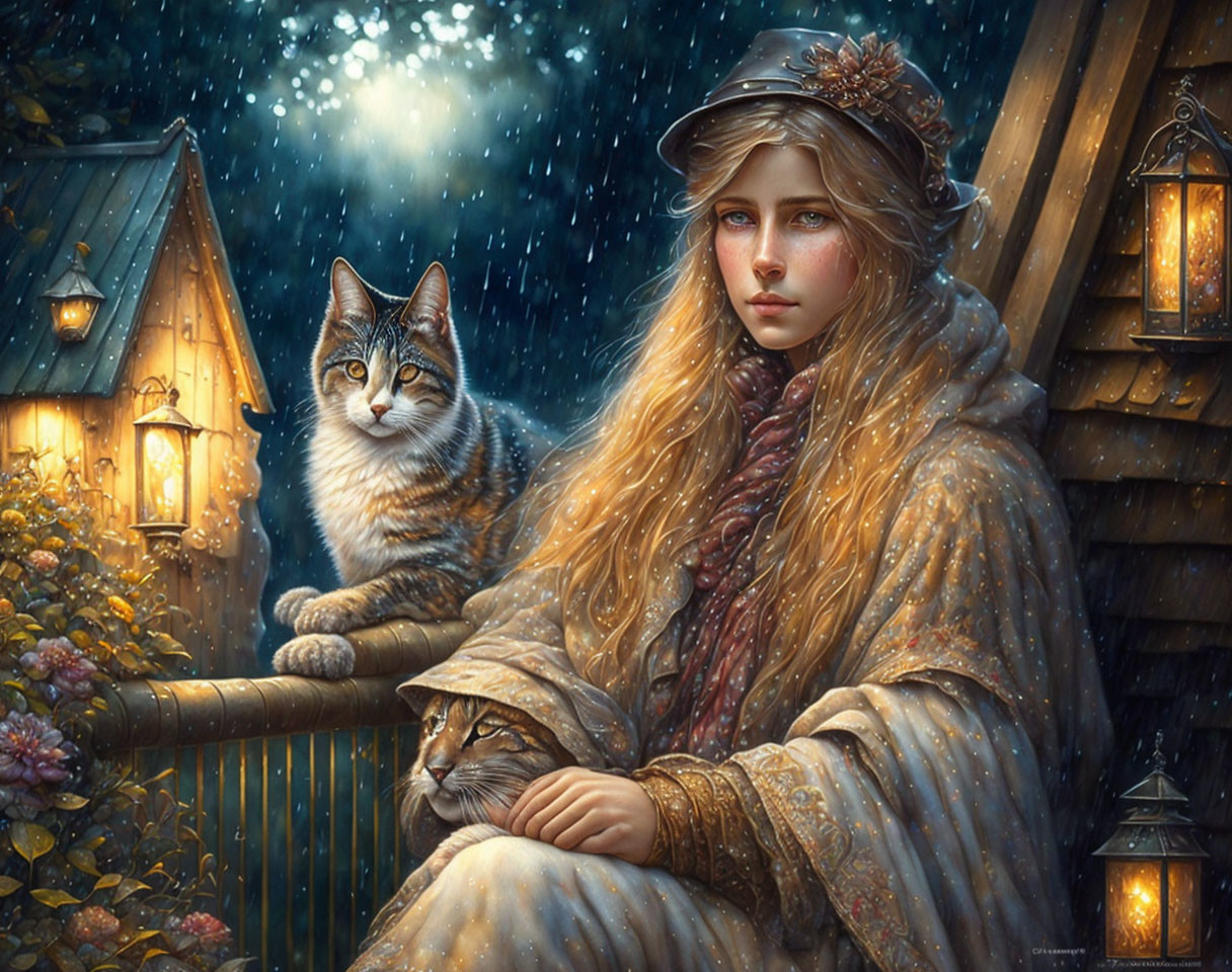 Woman in vintage cloak with two cats by lantern in rain.