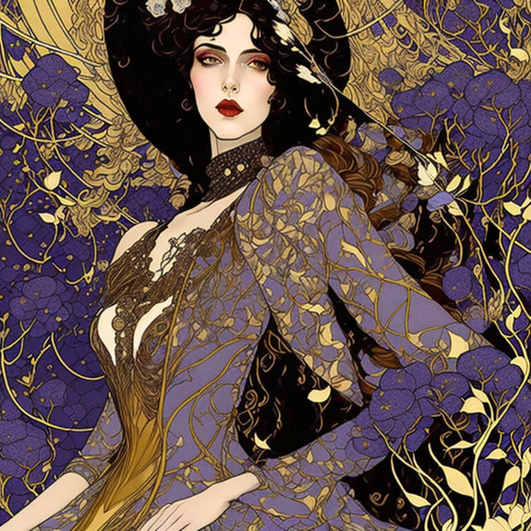 Dark-haired woman in Art Nouveau floral swirls