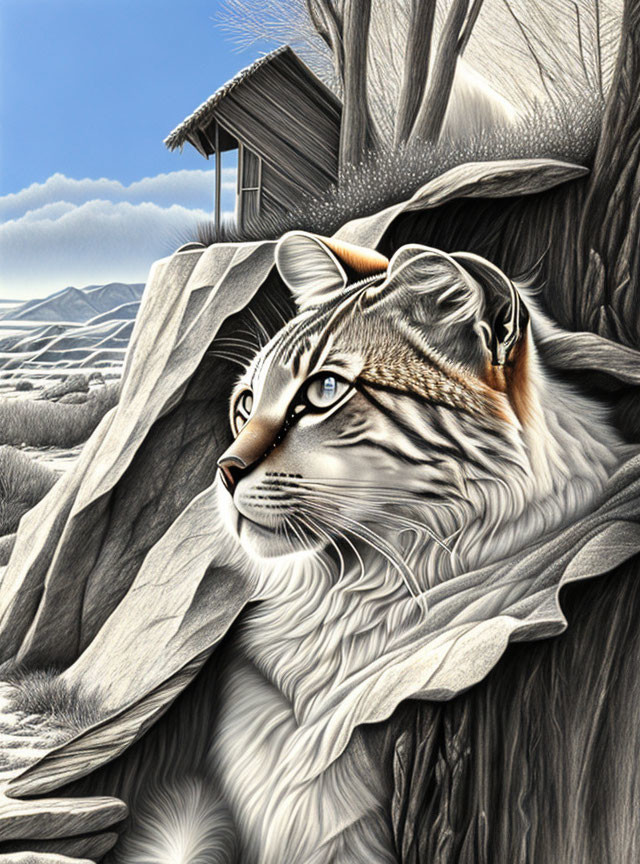 Grayscale illustration of tiger with human-like eyes in mountainous setting