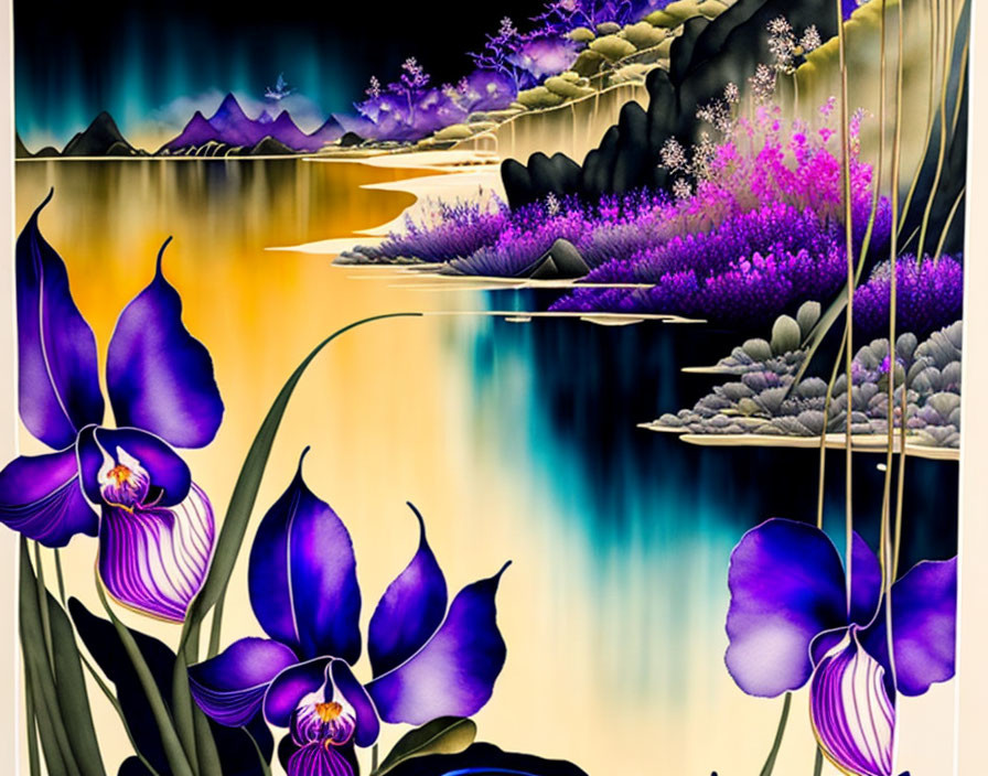 Colorful digital artwork: Purple flowers, blue river, yellow banks, twilight sky