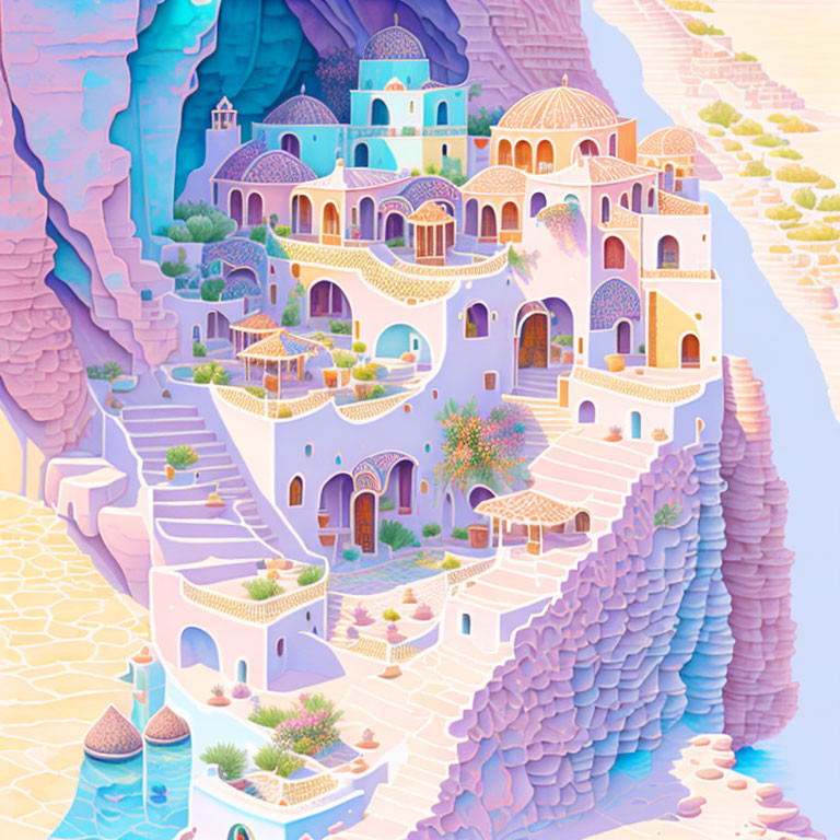 Vibrant illustration of Mediterranean cliffside village