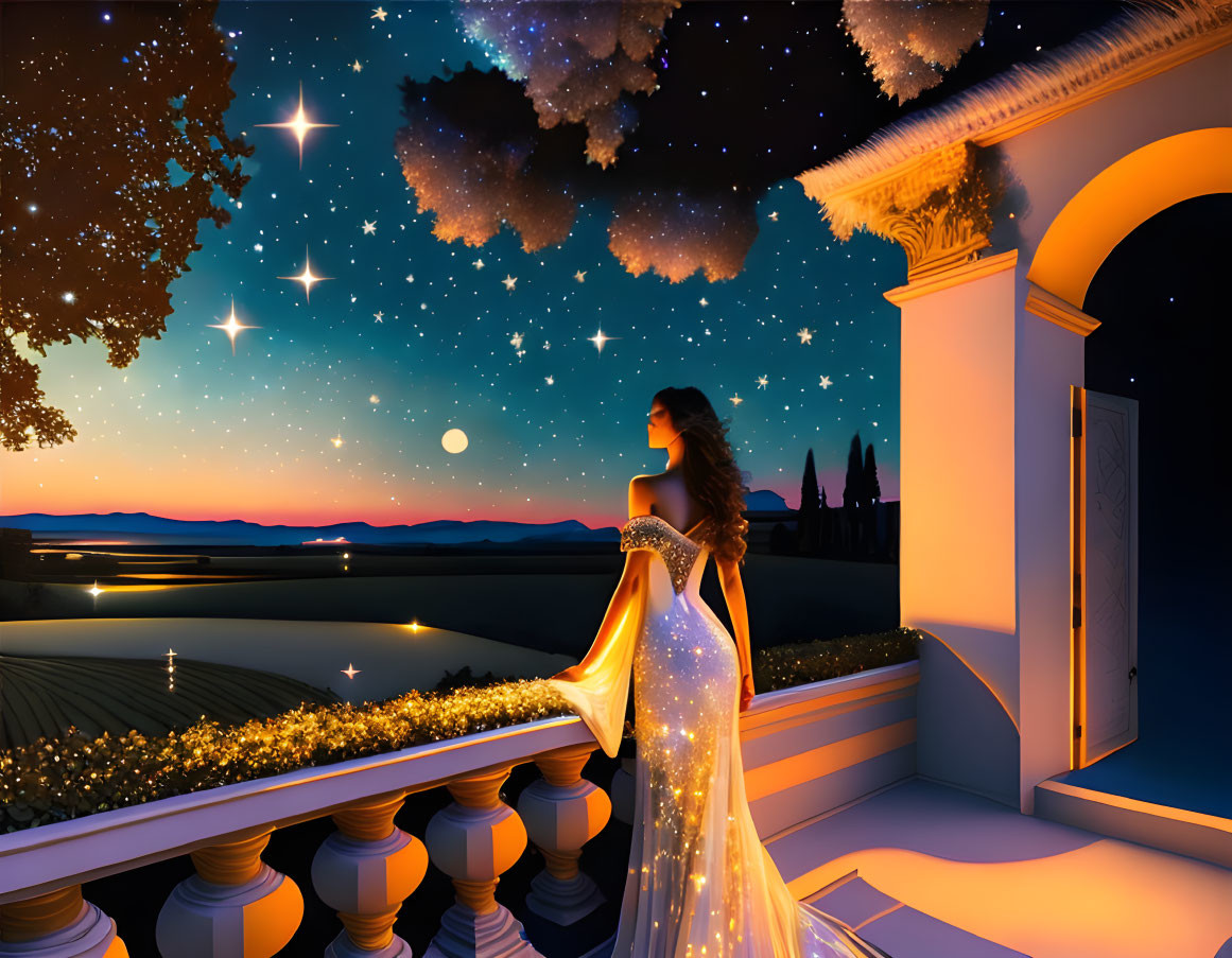 Woman in starry gown on balcony under magical night sky and setting sun.