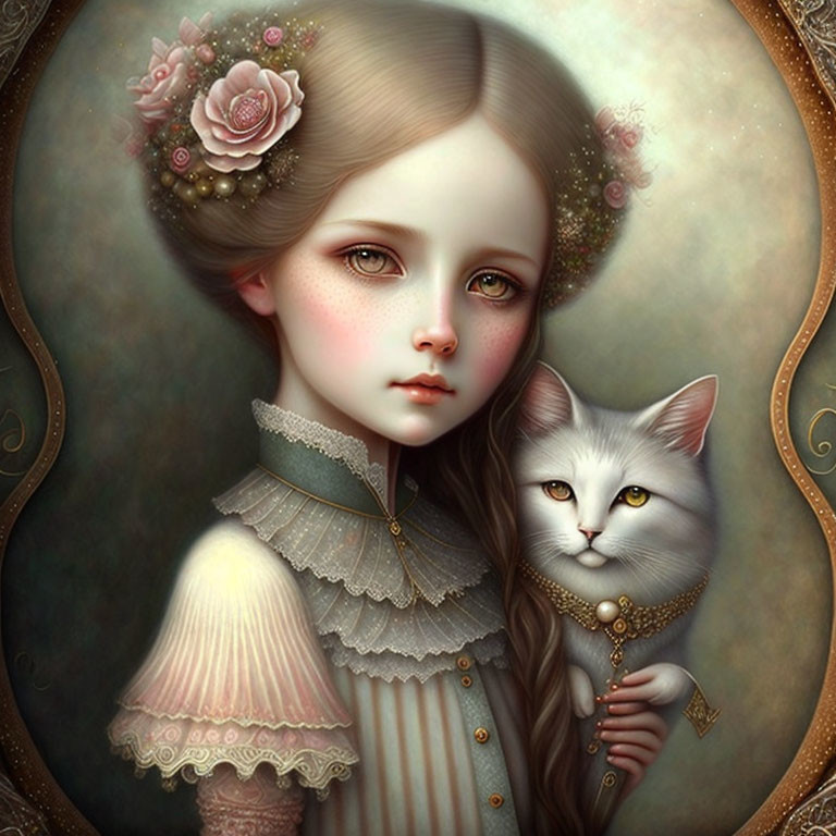 Portrait of a girl with large eyes and white cat in vintage attire