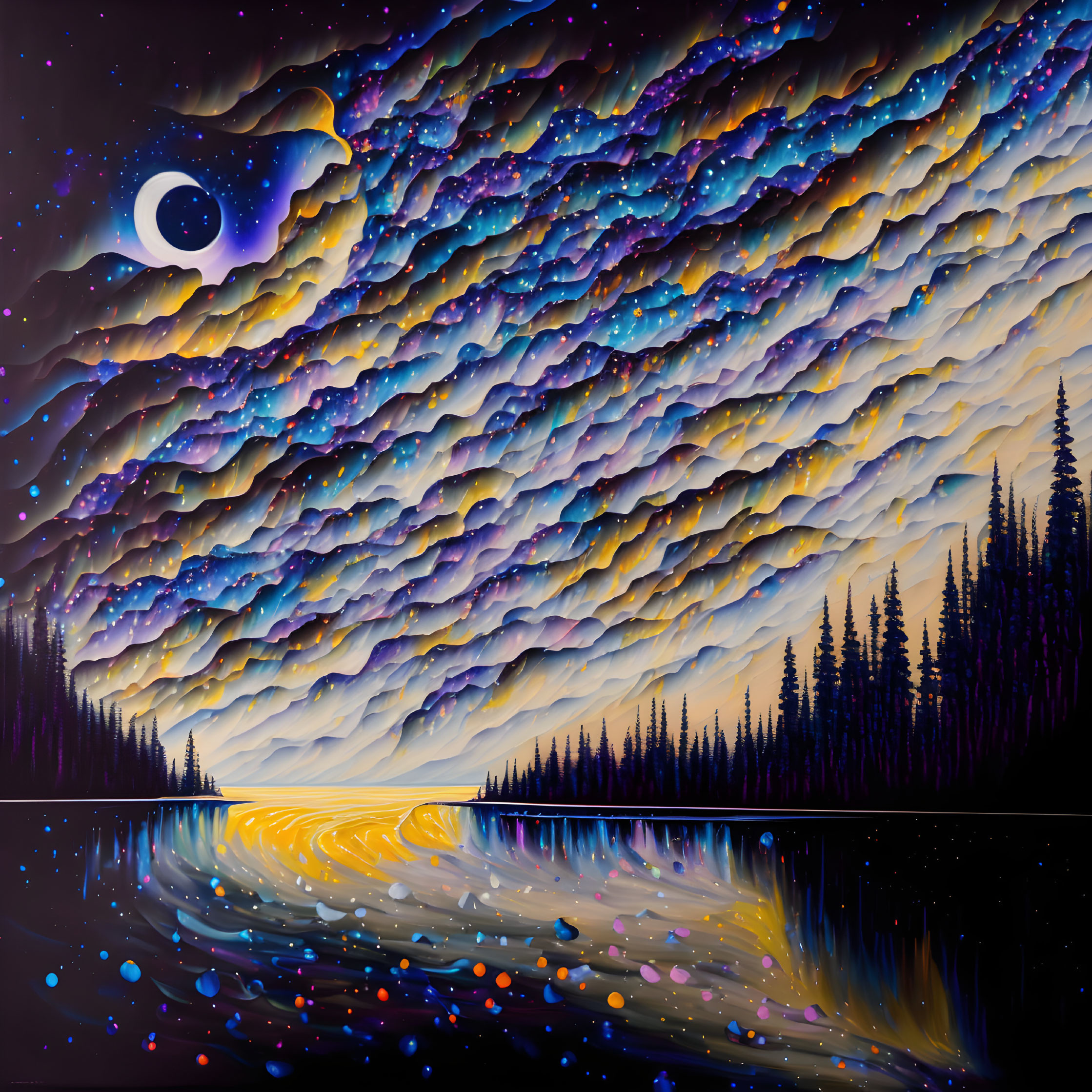 Celestial Waves Over Tranquil Forest and Lake