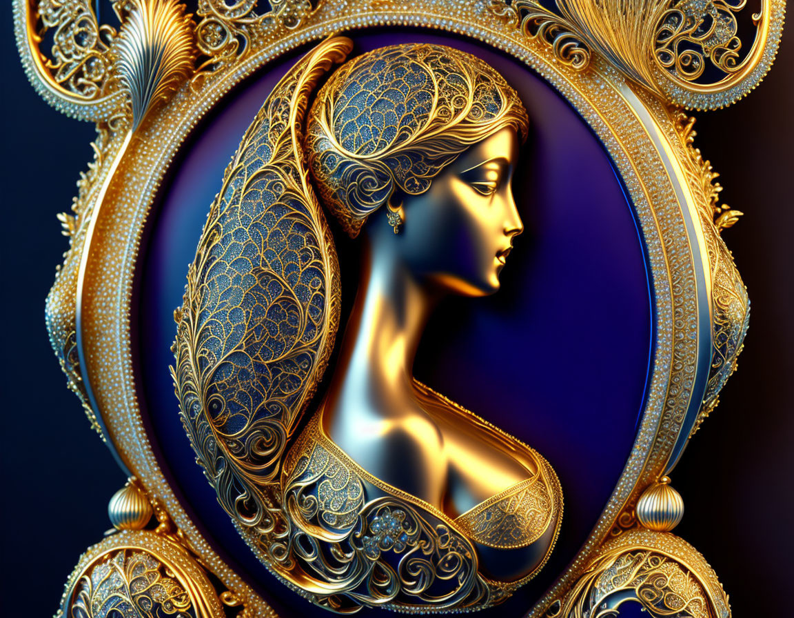 Stylized woman profile with golden filigree on blue background