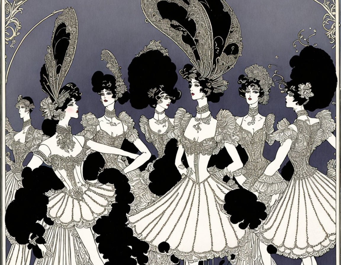 Vintage Art Nouveau style illustration of five women in ornate feathered headdresses and stylized dresses