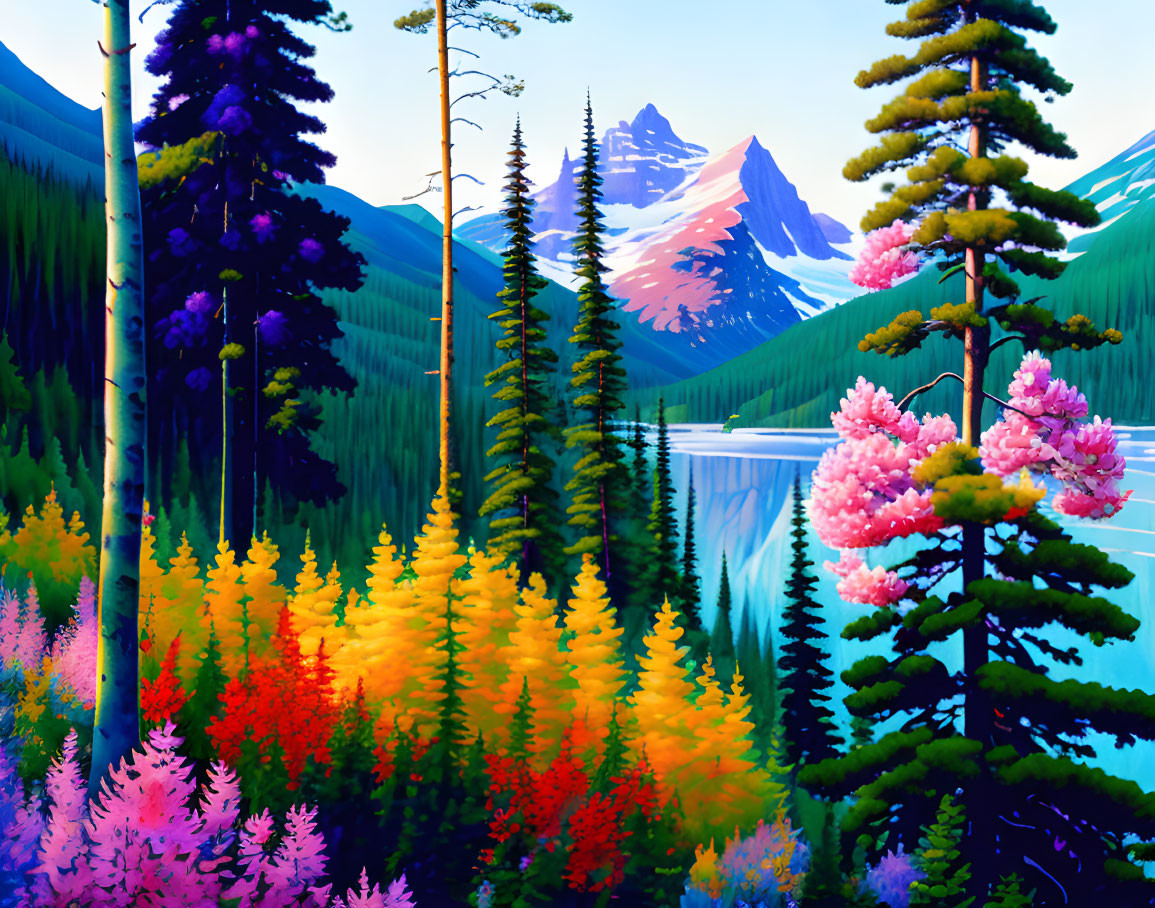 Colorful Trees, Lake, Mountains in Digital Landscape