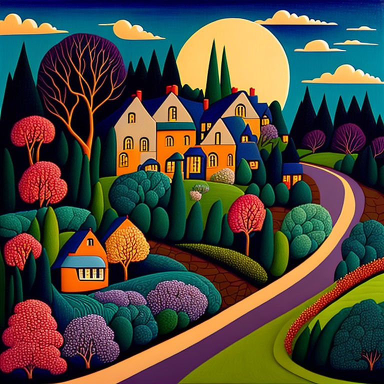 Colorful artwork: winding road, houses, whimsical trees, yellow sky.