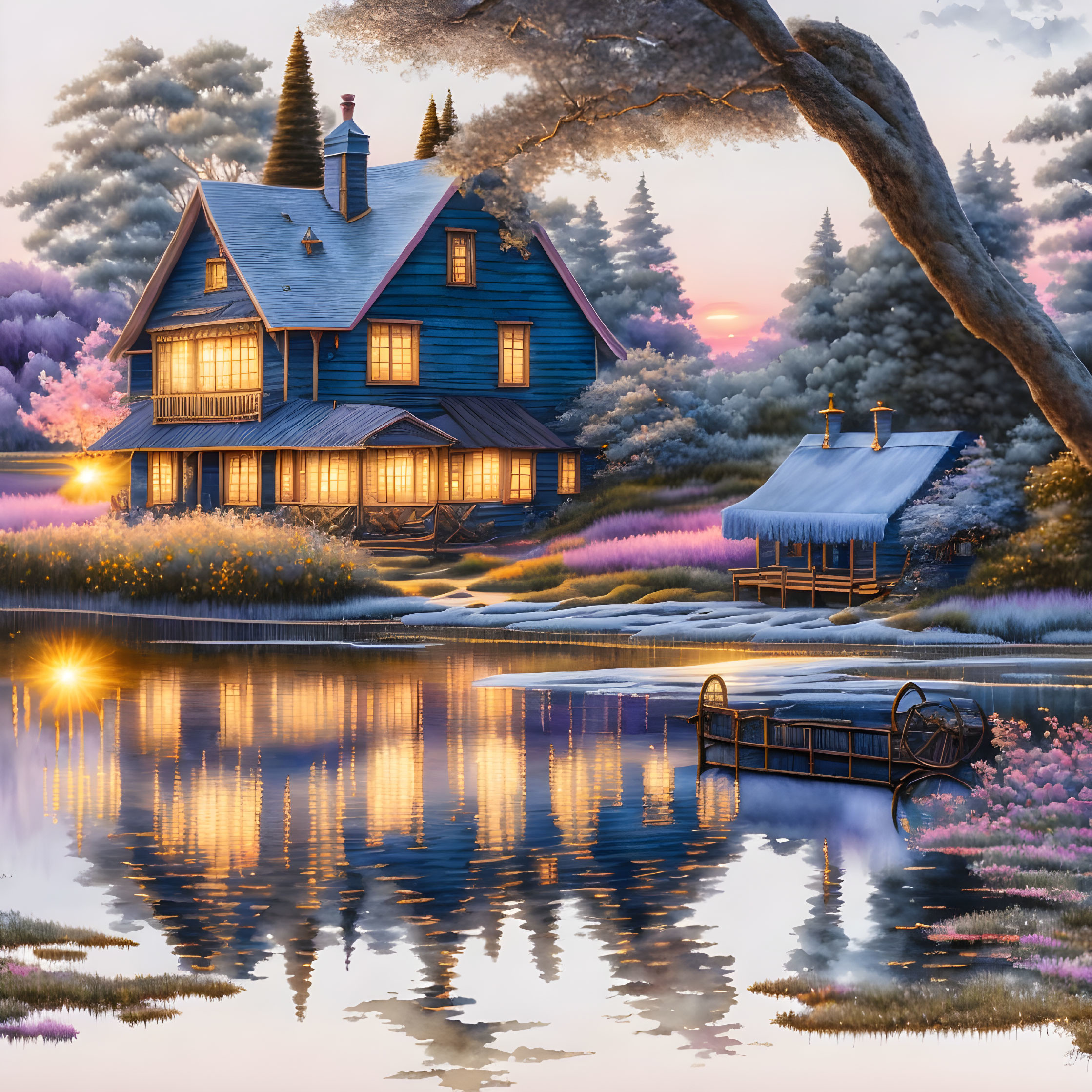 Blue Two-Story House by Reflective Lake at Sunset